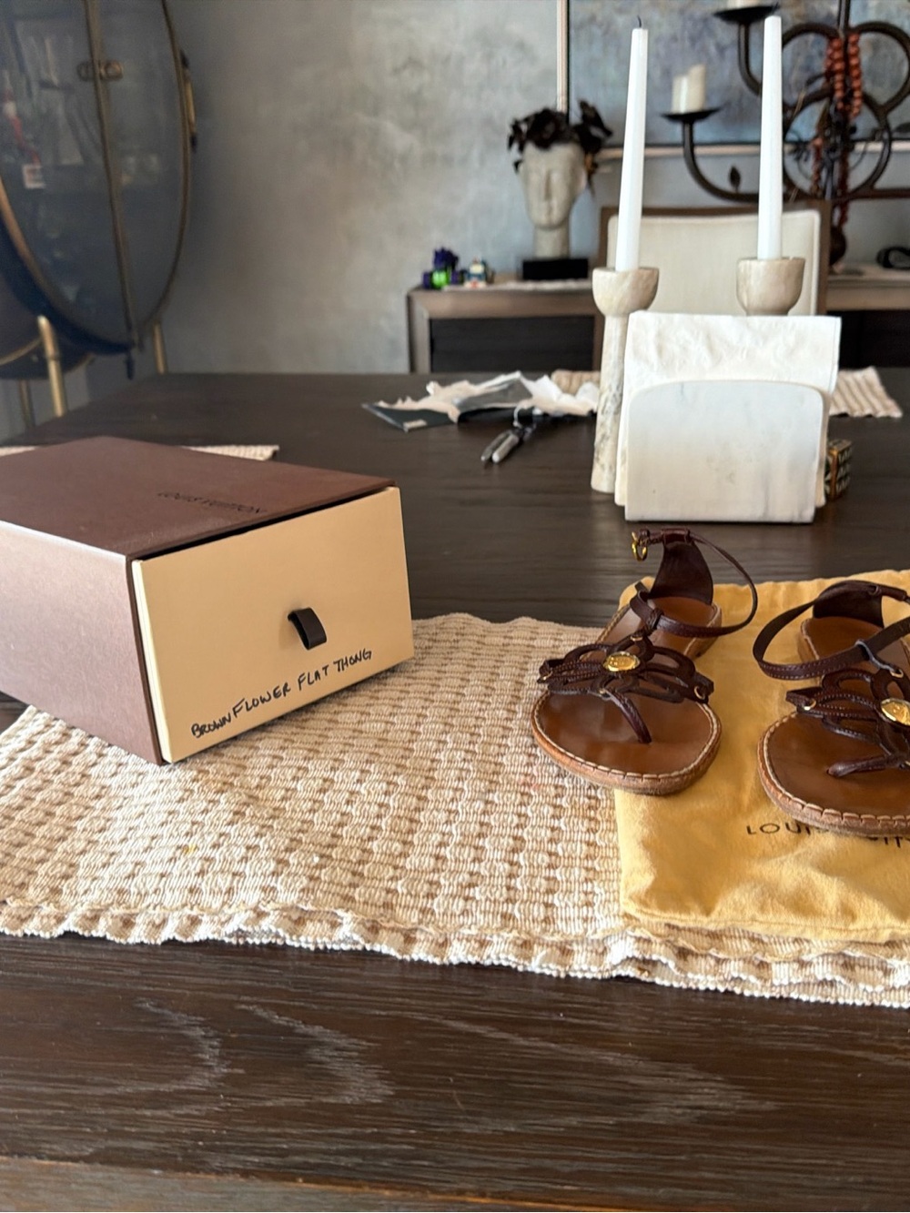 Louis Vuitton Brown Leather Floral Thong Sandals with Gold Accent